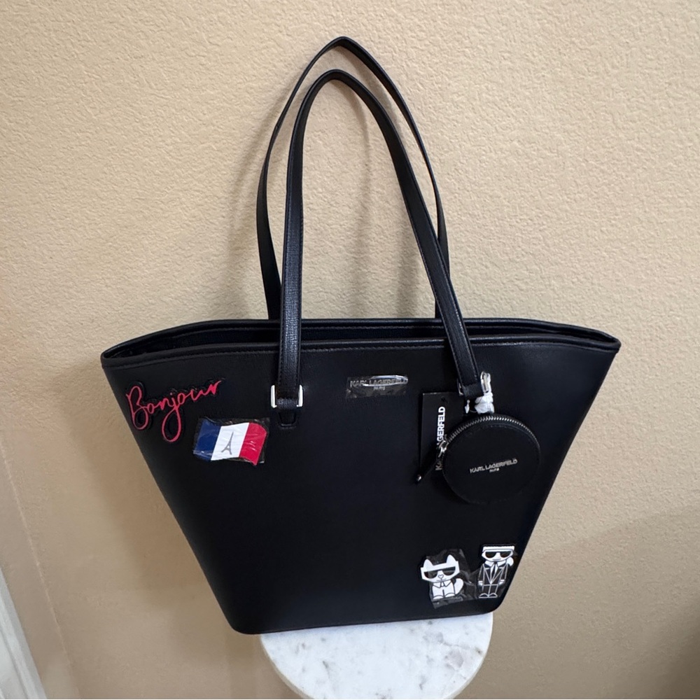 NWT KARL LAGERFELD Black Large Tote Bag Paris cat pins Coin Purse Work Office